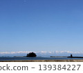 A landscape featuring the moon and sea against a blue sky, with snow-capped mountains stretching out before you. 139384227