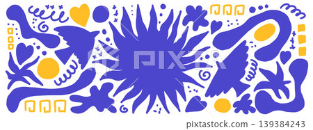 Bird and sun paper cutout folk set in blue and yellow for scrapbook. Naive starburst shapes with bird silhouettes in Mediterranean colors. Vector sticker collage with folk cutout blobs, worm and doves 139384243