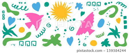Flat sticker bird and sun cutout set for folk scrapbook and collage. Naive bird shapes, hearts and bright paper blobs in multicolor. Vector folk cutout set with flat naive sticker elements isolated 139384244