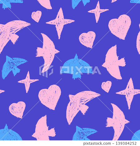 Bird shapes, hearts and stars on blue form a chalk seamless pattern. Pastel bird with pink heart as a vector pattern for allover surface design. Naive dove and hand drawn crayon in quirky repeat bg Bird shapes, hearts and stars on blue form a chalk seamless pattern. Pastel bird with pink heart as a vector pattern for allover surface design. Naive dove and hand drawn crayon in quirky repeat bg 139384252