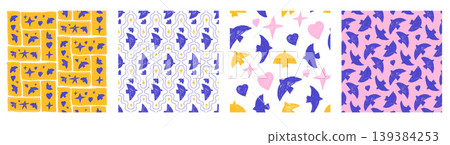 Playful bird seamless pattern for wrapping and gifting paper with pastel doodle stars. Crayon bird pattern in bento rectangle and geometric print. Hand drawn vector dove silhouette with pink and blue Playful bird seamless pattern for wrapping and gifting paper with pastel doodle stars. Crayon bird pattern in bento rectangle and geometric print. Hand drawn vector dove silhouette with pink and blue 139384253