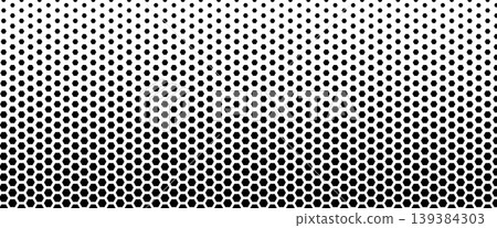 Honeycomb gradient fiber with carbon hexagon on white for digital tech print. Black hex pattern fades from dense nano mesh to open scattered dots. Abstract honeycomb vector for futuristic design Honeycomb gradient fiber with carbon hexagon on white for digital tech print. Black hex pattern fades from dense nano mesh to open scattered dots. Abstract honeycomb vector for futuristic design 139384303