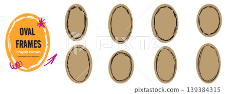 Oval frame set with rough crayon border on paper cutout for photo. Round oval frame in kraft paper with varied ellipse and hand drawn scrapbook border. Vector set for journal and sticker label 139384315