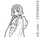 Anime-style coloring book illustration of a girl wearing a kimono 139384424