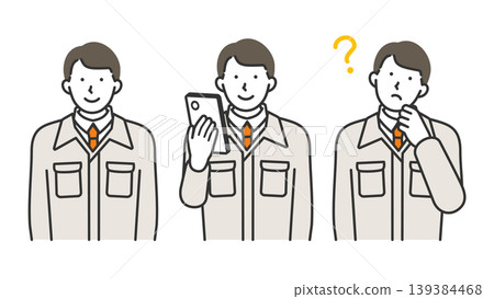 A set of line art illustrations depicting a man in work clothes operating a smartphone, a construction worker, and various facial expressions. A set of line art illustrations depicting a man in work clothes operating a smartphone, a construction worker, and various facial expressions. 139384468