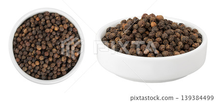 Black peppercorns or pepper in a ceramic bowl isolated on a white background. Top view. Flat lay 139384499