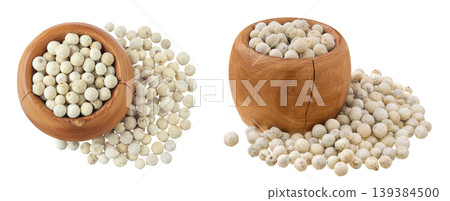 White peppercorns or pepper in wooden bowl isolated on white background. Top view. Flat lay 139384500