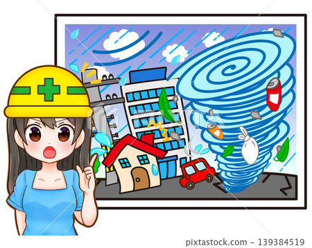 插圖描繪了一個女孩發出颱風警告。 插圖描繪了一個女孩發出颱風警告。 139384519