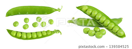Fresh green pea pod with beans isolated on white background. Top view. Flat lay 139384525