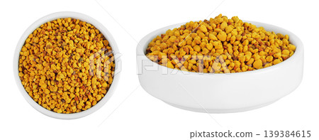 Bee pollen grains in ceramic bowl isolated on white background. Top view. Flat lay Bee pollen grains in ceramic bowl isolated on white background. Top view. Flat lay 139384615