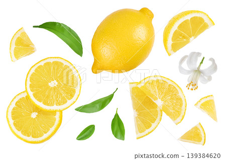 Ripe lemon slices isolated on white background with full depth of field. Top view. Flat lay Ripe lemon slices isolated on white background with full depth of field. Top view. Flat lay 139384620