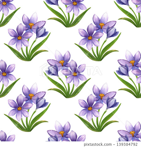 Purple crocuses with green leaves, seamless watercolor floral pattern. Fresh bouquet of blue mountain flowers, hand drawn. Vibrant plants for packaging, cosmetic fabric, and cards. Purple crocuses with green leaves, seamless watercolor floral pattern. Fresh bouquet of blue mountain flowers, hand drawn. Vibrant plants for packaging, cosmetic fabric, and cards. 139384792