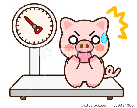 Illustration of a surprised pig on a weighing scale Illustration of a surprised pig on a weighing scale 139384806