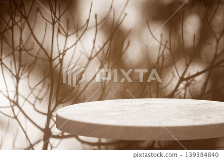 Minimalist Floating Circular Product Display Podium with Leaf Shadows on a Dark Orange Wall. Minimalist Floating Circular Product Display Podium with Leaf Shadows on a Dark Orange Wall. 139384840