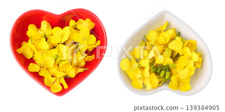 Rapeseed flowers in ceramic bowl isolated on white background, Top view. Flat lay Rapeseed flowers in ceramic bowl isolated on white background, Top view. Flat lay 139384905