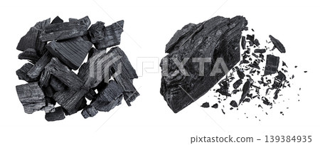 Natural wooden charcoal isolated on white background with full depth of field. Top view. Flat lay Natural wooden charcoal isolated on white background with full depth of field. Top view. Flat lay 139384935