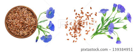 flax seeds in wooden bowl with flower isolated on white background 139384951