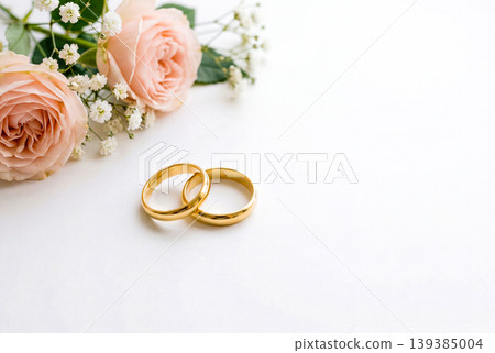 Wedding image featuring roses and wedding rings Wedding image featuring roses and wedding rings 139385004