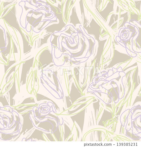 Floral Pattern Design With Abstract Roses And Leaves In Pastel Lavender, Green, And Beige Brushstrokes For Textile And Surface Design Floral Pattern Design With Abstract Roses And Leaves In Pastel Lavender, Green, And Beige Brushstrokes For Textile And Surface Design 139385231