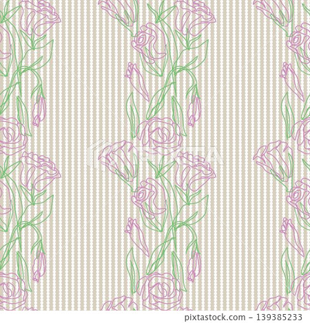 Floral Outline Pattern With Pink Roses And Green Leaves On Striped Beige Background For Textile Design Floral Outline Pattern With Pink Roses And Green Leaves On Striped Beige Background For Textile Design 139385233