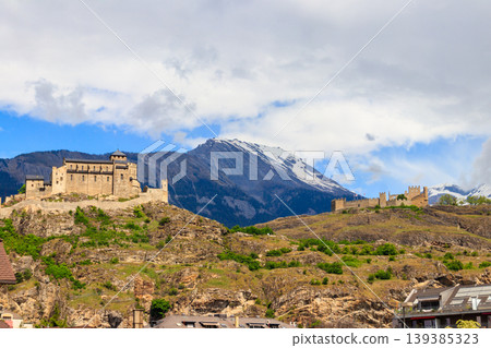 View of Tourbillon Castle and Valere Basilica in Sion, Switzerland View of Tourbillon Castle and Valere Basilica in Sion, Switzerland 139385323