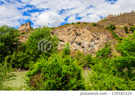 View of Tourbillon Castle and Valere Basilica in Sion, Switzerland View of Tourbillon Castle and Valere Basilica in Sion, Switzerland 139385324