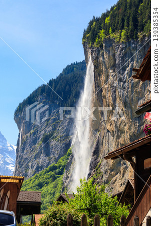 View of Staubbach Falls in Lauterbrunnen, Bernese Oberland, Switzerland View of Staubbach Falls in Lauterbrunnen, Bernese Oberland, Switzerland 139385354