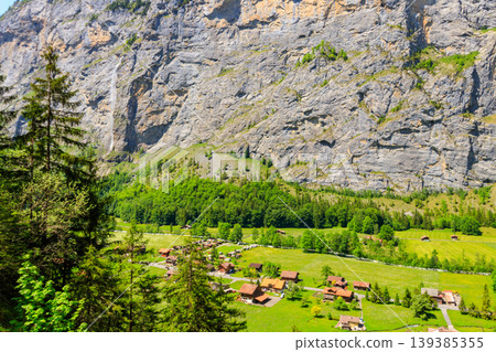 View of Lauterbrunnen Valley in Bernese Oberland, Switzerland. Switzerland nature and travel. Alpine scenery View of Lauterbrunnen Valley in Bernese Oberland, Switzerland. Switzerland nature and travel. Alpine scenery 139385355