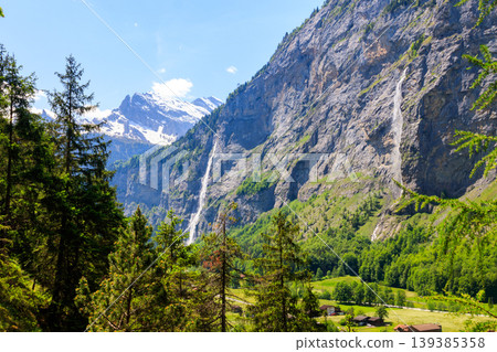View of Lauterbrunnen Valley in Bernese Oberland, Switzerland. Switzerland nature and travel. Alpine scenery View of Lauterbrunnen Valley in Bernese Oberland, Switzerland. Switzerland nature and travel. Alpine scenery 139385358
