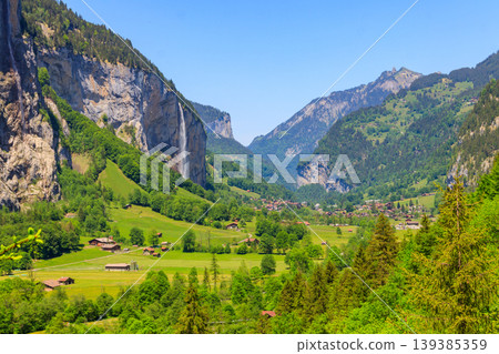 View of Lauterbrunnen Valley in Bernese Oberland, Switzerland. Switzerland nature and travel. Alpine scenery View of Lauterbrunnen Valley in Bernese Oberland, Switzerland. Switzerland nature and travel. Alpine scenery 139385359