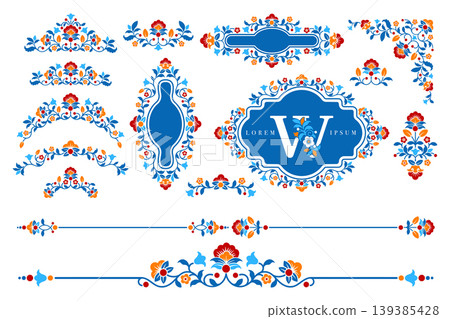 Decorations With Floral Motifs And Swirls Decorations With Floral Motifs And Swirls 139385428