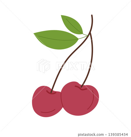 Illustration of two red cherries with green leaves on a brown stem Illustration of two red cherries with green leaves on a brown stem 139385434