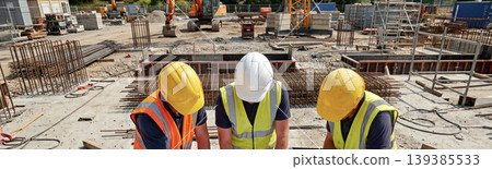 Helmeted workers at a construction site 139385533