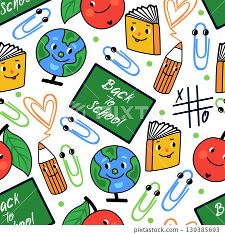 Vector seamless pattern Back to school with funny elements Globe, book, apple, pencil and paper clips Vector seamless pattern Back to school with funny elements Globe, book, apple, pencil and paper clips 139385693