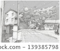 Quiet Japanese residential street with bus stop and stairs leading up hill pencil sketch 139385798