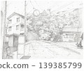 Quiet Japanese suburban street with bus stop and stone stairs pencil sketch 139385799