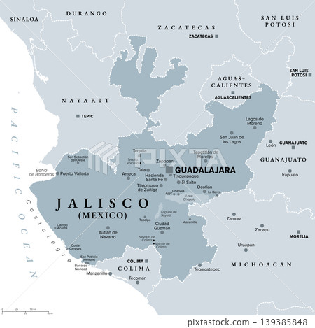 Jalisco, a state in Mexico, gray political map, with its capital Guadalajara, largest cities, and Costalegre, a coastal strip on the Pacific Ocean, between Puerto Vallarta and Manzanillo. Vector 139385848