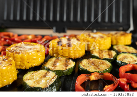 Close up of vegetarian BBQ with assorted roasted vegetables Close up of vegetarian BBQ with assorted roasted vegetables 139385988