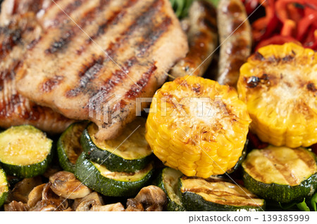 Healthy BBQ platter with turkey, corn and zucchini Healthy BBQ platter with turkey, corn and zucchini 139385999