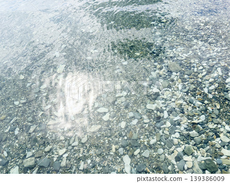 a top-down perspective of crystal-clear, shallow water flowing over a bed of smooth, rounded stones a top-down perspective of crystal-clear, shallow water flowing over a bed of smooth, rounded stones 139386009