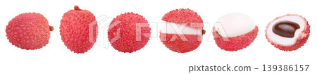 Fresh red or pink lychees without shadow collection. Whole lychee, open lychee, peeled half of lychee and cut in a half of lychee with seed isolated. Fresh red or pink lychees without shadow collection. Whole lychee, open lychee, peeled half of lychee and cut in a half of lychee with seed isolated. 139386157