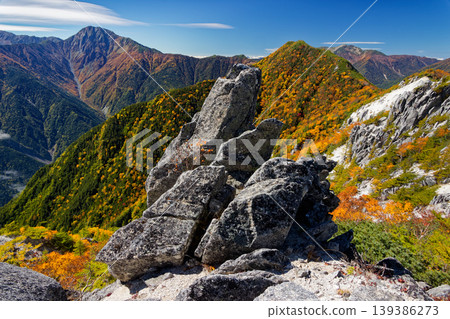 Autumn foliage in the Southern Alps: Views of Kitadake, Takamine, and Senjōgatake from Akanukizawa-no-atama Autumn foliage in the Southern Alps: Views of Kitadake, Takamine, and Senjōgatake from Akanukizawa-no-atama 139386273