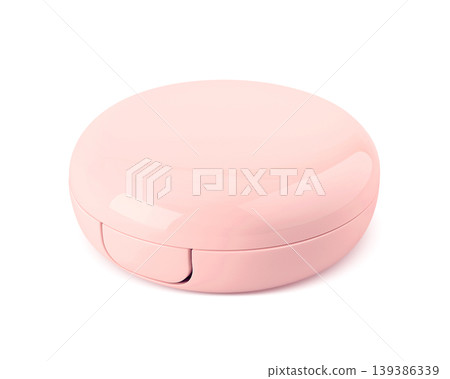 Pink plastic round cosmetic compact jar mockup isolated on white background for cushion foundation packaging design Pink plastic round cosmetic compact jar mockup isolated on white background for cushion foundation packaging design 139386339