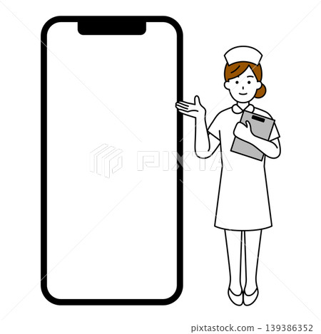 一部螢幕空白的大尺寸智慧型手機和一位女護士 139386352