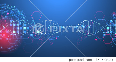 Scientific and technological background. Image of dna molecule with technological elements. Scientific and technological background. Image of dna molecule with technological elements. 139387083