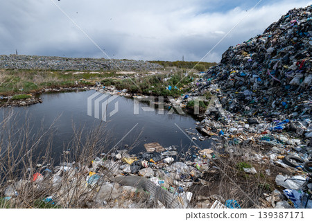 Water body shows pollution with garbage scattered around the shore near a landfill site in an outdoor setting under cloudy skies Water body shows pollution with garbage scattered around the shore near a landfill site in an outdoor setting under cloudy skies 139387171