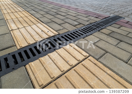 A sewer drain is located between two types of paving stones on a busy sidewalk in an urban setting with clear weather 139387209