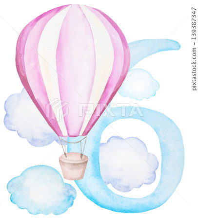 Watercolor light blue number six with pink hot air balloon and clouds for monthly milestone cards 139387347