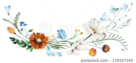Watercolor bouquet with blue, ivory and orange wildflowers, rustic isolated illustration for stationery Watercolor bouquet with blue, ivory and orange wildflowers, rustic isolated illustration for stationery 139387349