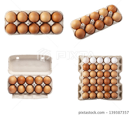 Chicken eggs in carton tray isolated on white background, egg packaging set Chicken eggs in carton tray isolated on white background, egg packaging set 139387357